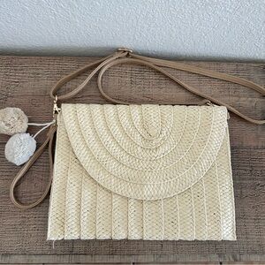 Coastal Boho Straw Envelope Bag Cream Woven Crossbody w/ Pom Pom Charms Clutch